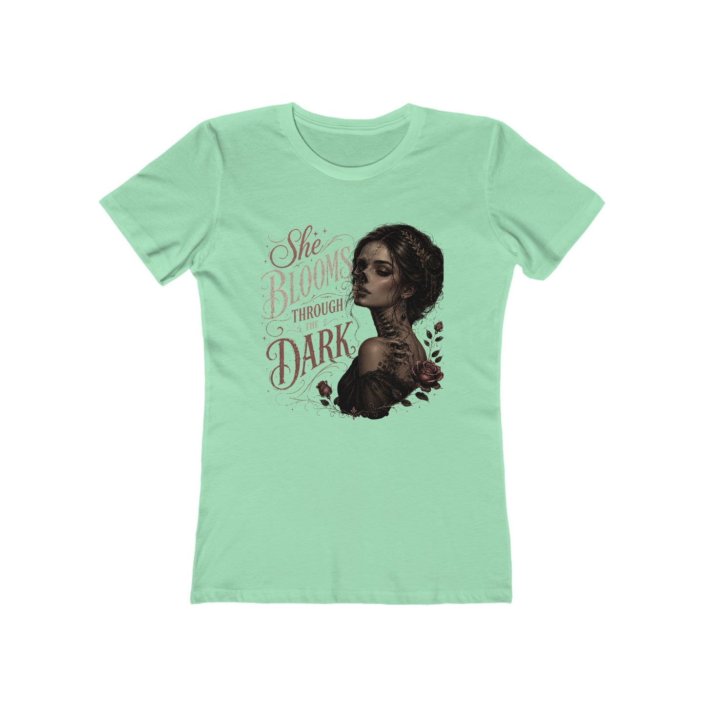 She Blooms Through the Dark Tee — Women's Graphic Boyfriend T-Shirt