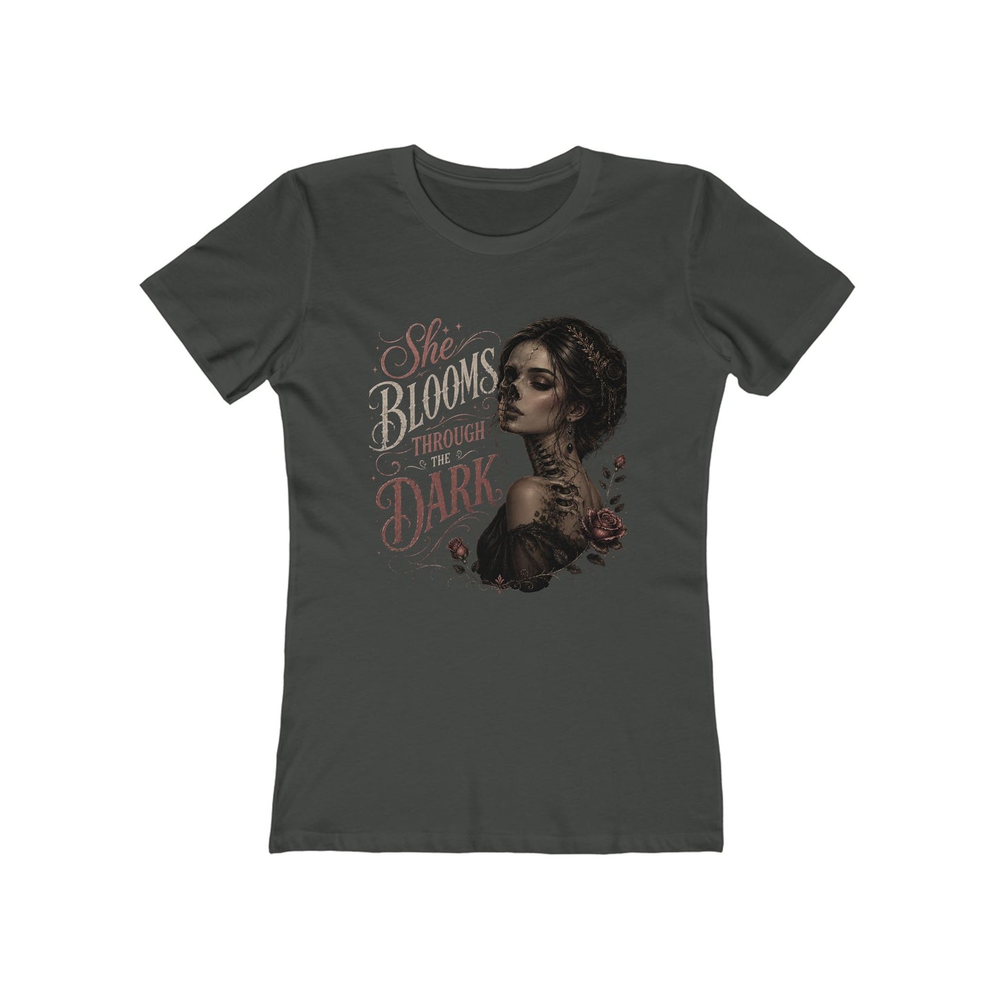 She Blooms Through the Dark Tee — Women's Graphic Boyfriend T-Shirt