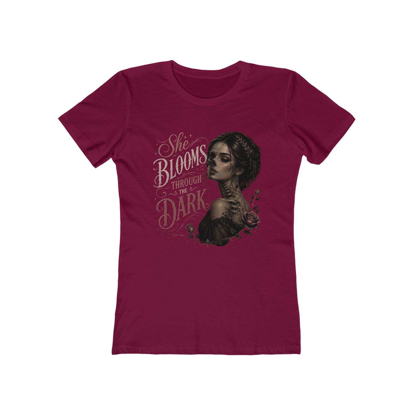 She Blooms Through the Dark Tee — Women's Graphic Boyfriend T-Shirt