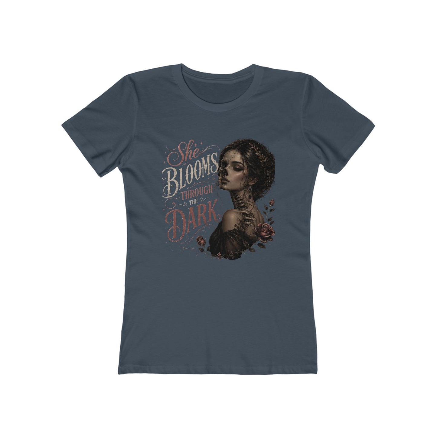 She Blooms Through the Dark Tee — Women's Graphic Boyfriend T-Shirt