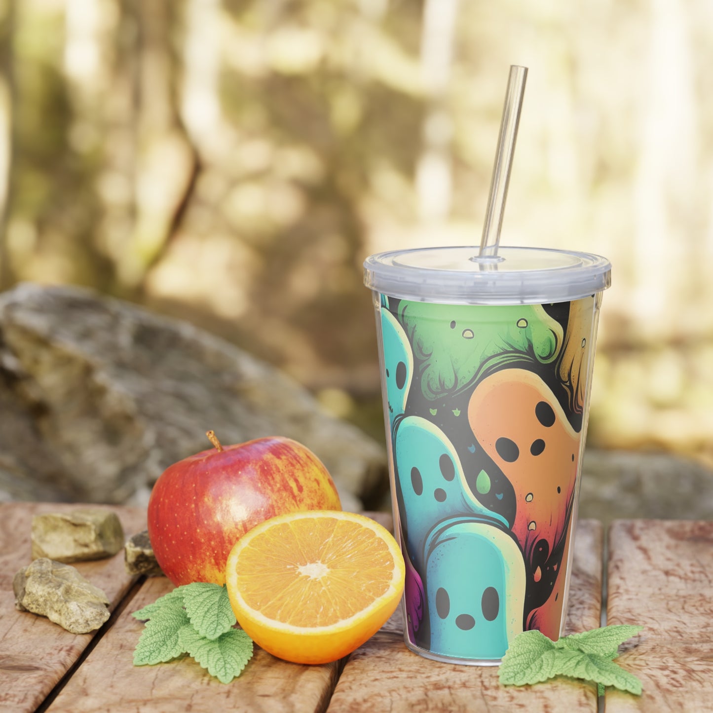Ghost Crew Plastic Tumbler with Straw — Colorful Cute Ghosts Travel Cup