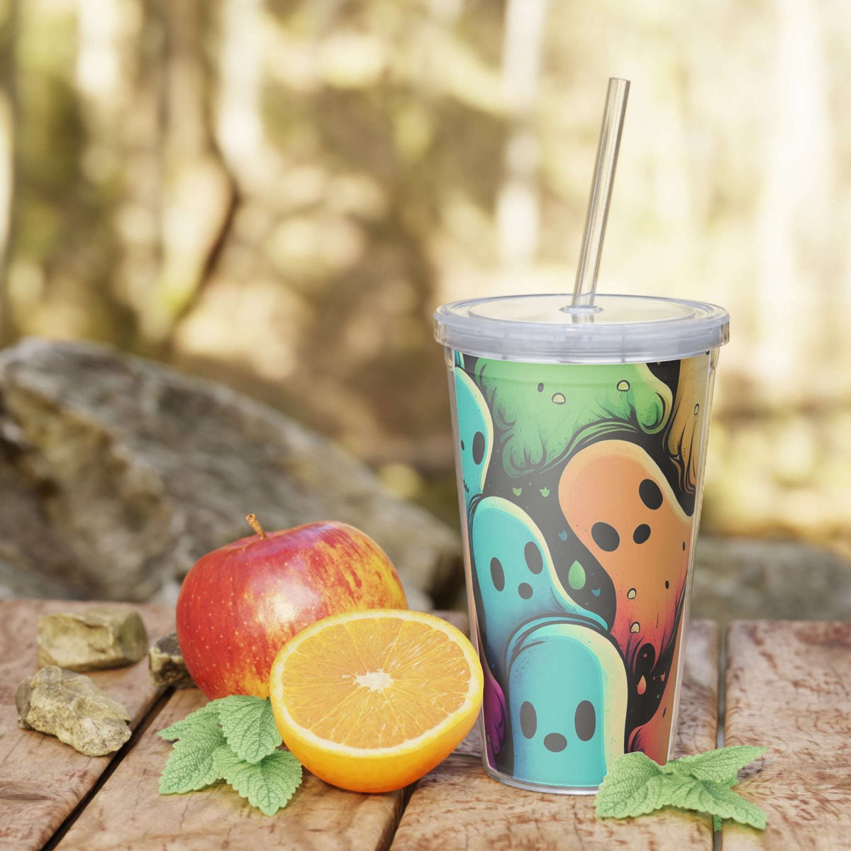 Ghost Crew Plastic Tumbler with Straw — Colorful Cute Ghosts Travel Cup
