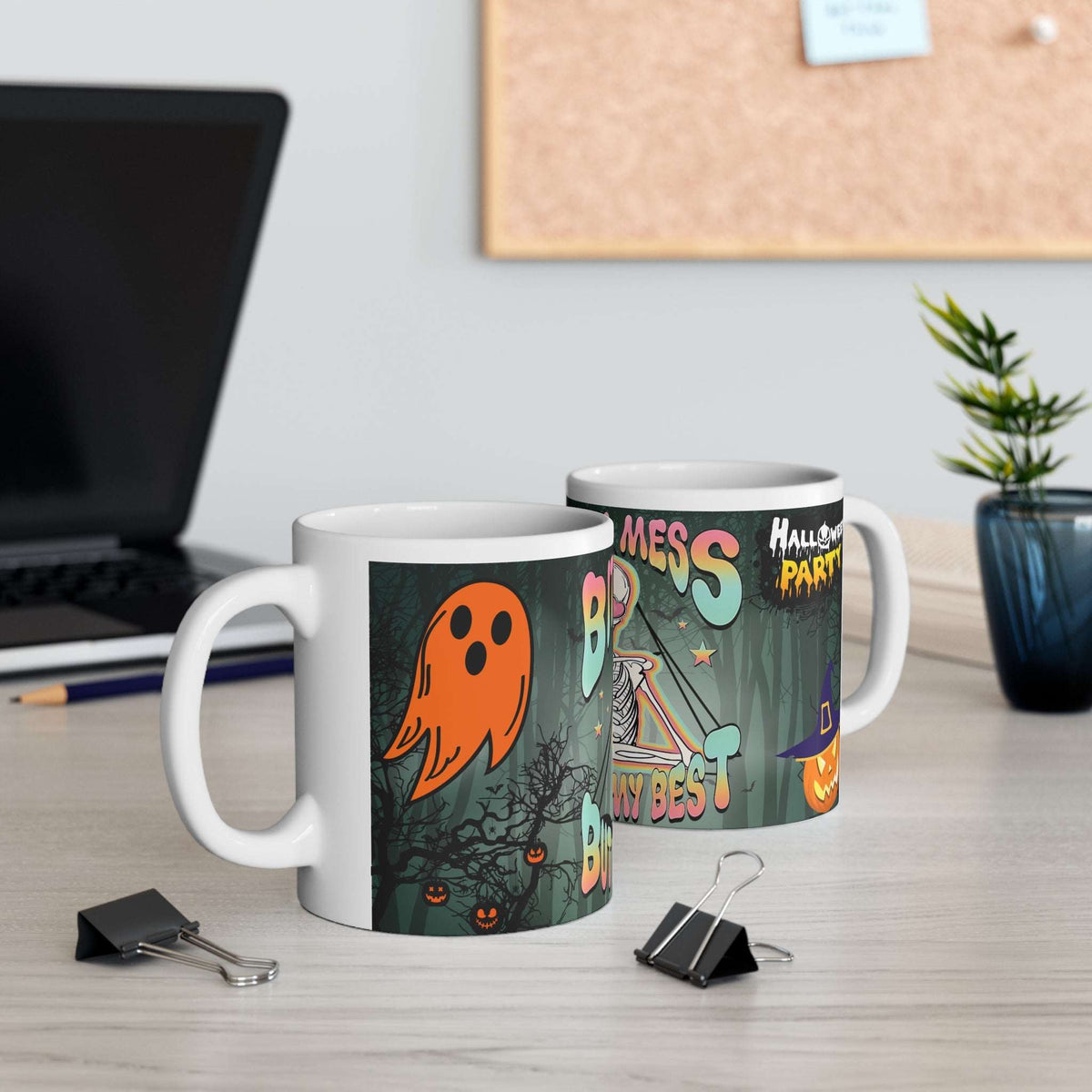 Bit of a Mess But Doin' My Best Ceramic Mug — Cute Skeleton & Ghost Halloween Coffee Cup