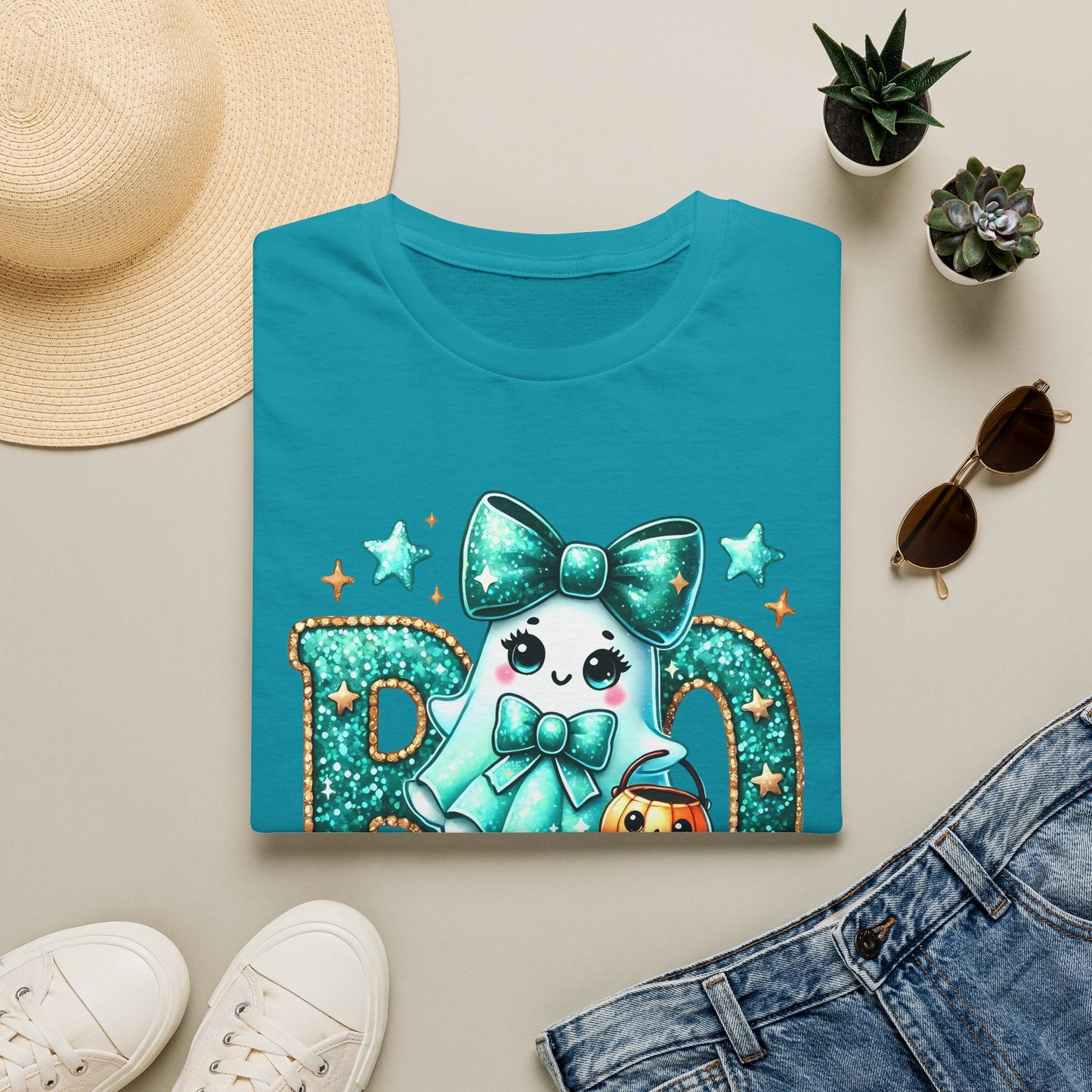 BOO Ghost T‑Shirt — Cute Teal Bow Halloween Tee