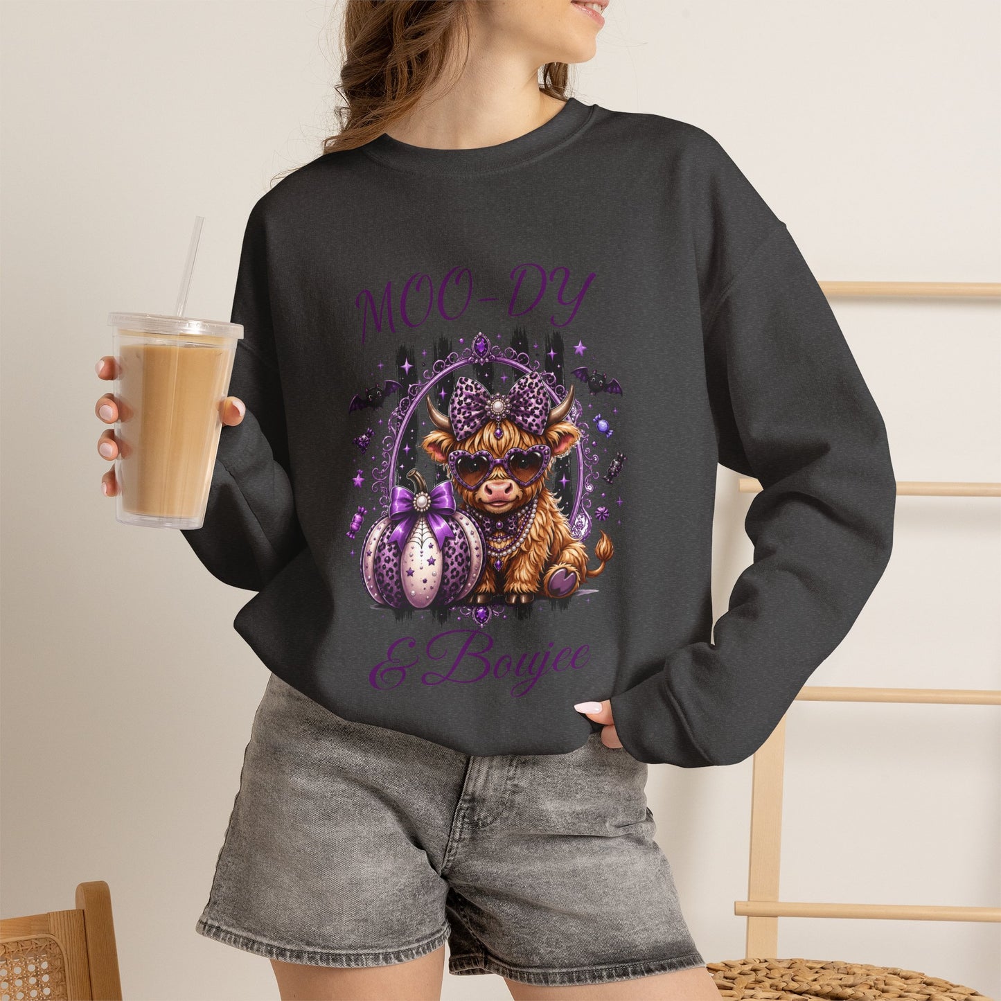 Halloween 'Moo-dy' Cow Crewneck Sweatshirt — Cute Spooky Cow Fall Pullover