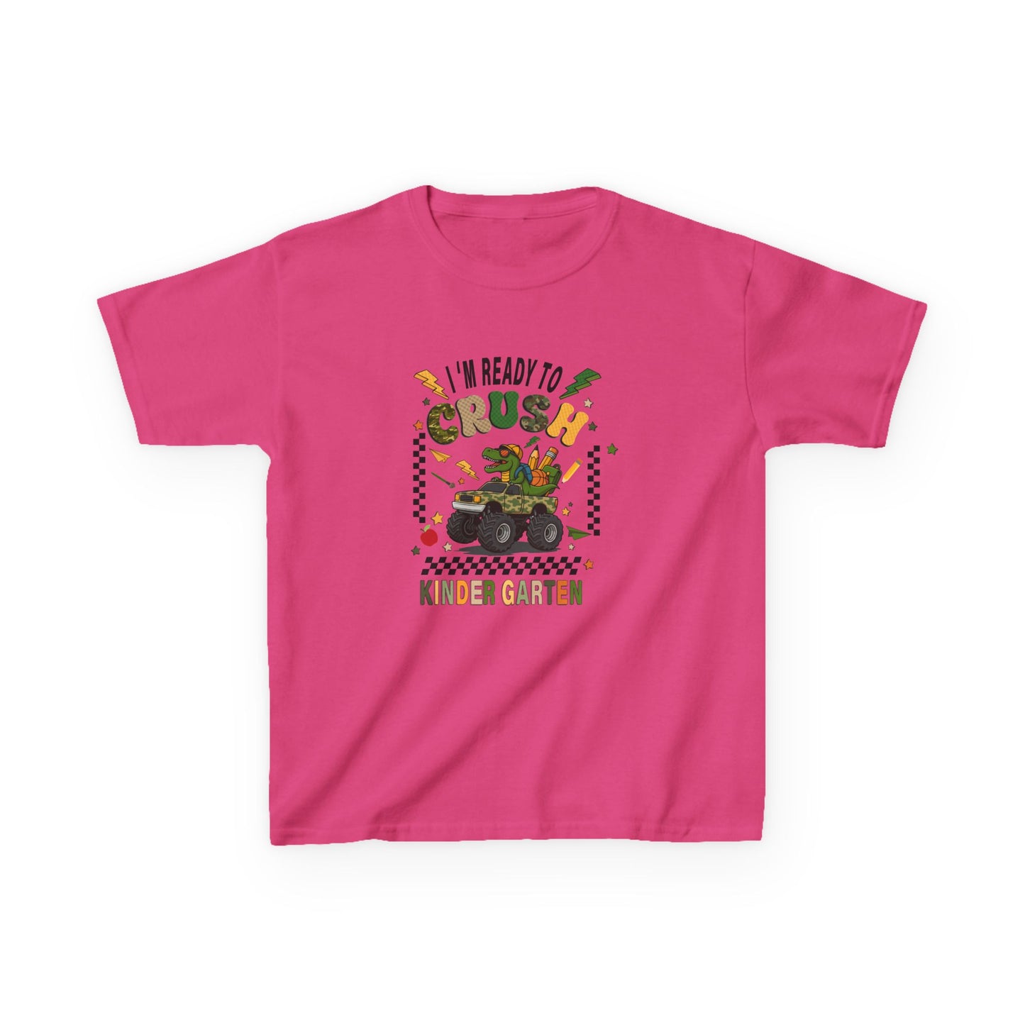 Kids T-Shirt — "I'm Ready to Crush Kindergarten" Dinosaur Monster Truck Back-to-School Tee
