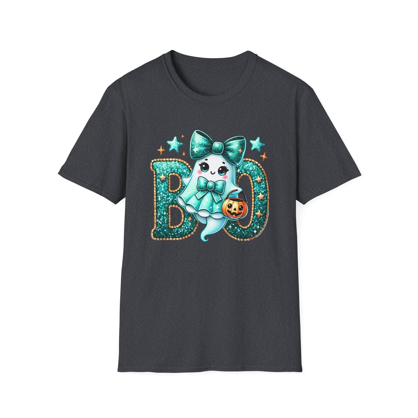 BOO Ghost T‑Shirt — Cute Teal Bow Halloween Tee