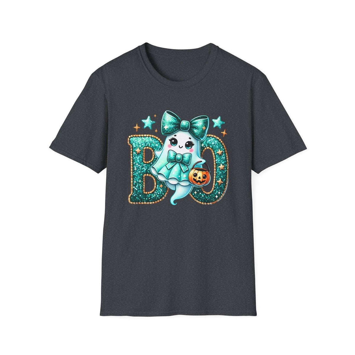 BOO Ghost T‑Shirt — Cute Teal Bow Halloween Tee