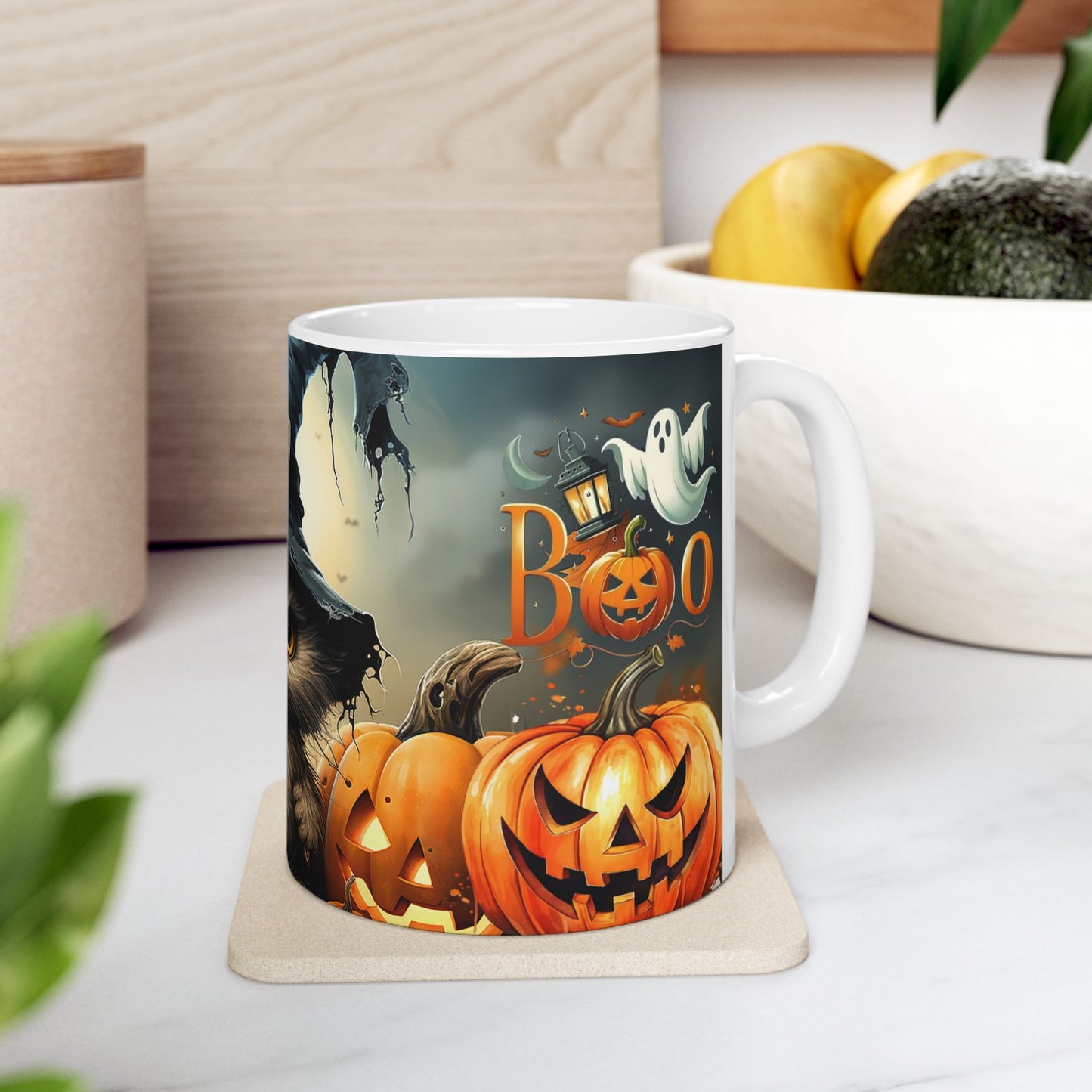 Halloween Cat Ceramic Mug — Witch Hat Kitty with Pumpkins (11oz/15oz)