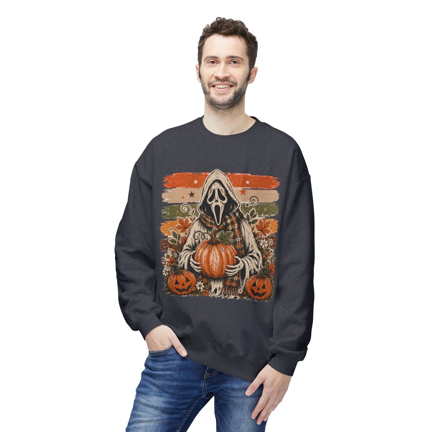 Halloween Scream Mask Crewneck Sweatshirt — Pumpkin & Jack-O'-Lantern Fall Graphic