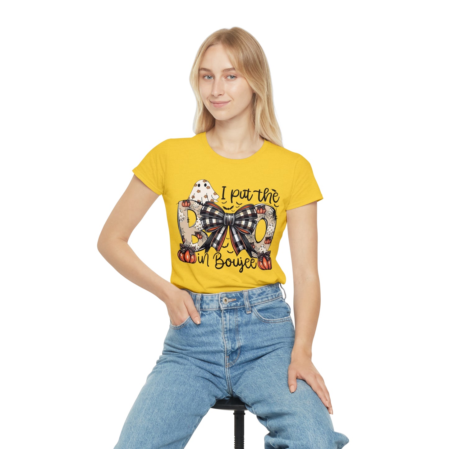 Women's Halloween "I Put the Boo in Boujee" T-Shirt — Plaid Bow Pumpkin Graphic