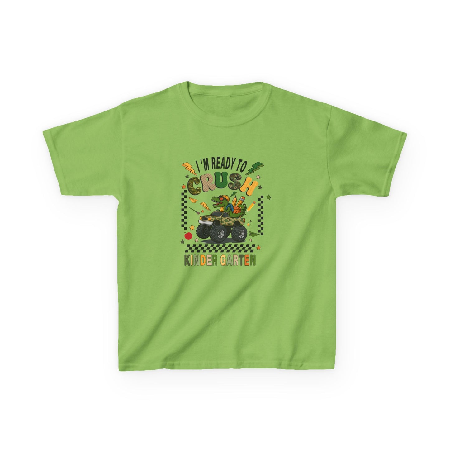 Kids T-Shirt — "I'm Ready to Crush Kindergarten" Dinosaur Monster Truck Back-to-School Tee