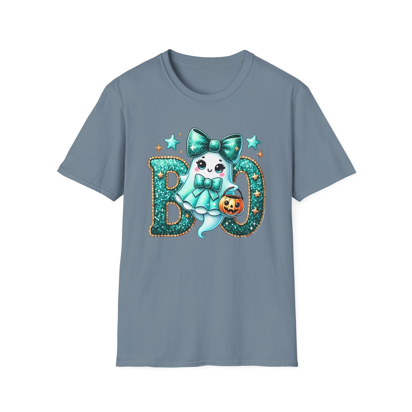 BOO Ghost T‑Shirt — Cute Teal Bow Halloween Tee