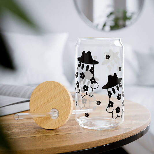 Adorable Cowboo 16oz Ghost Sipper Glass with Bamboo Lid