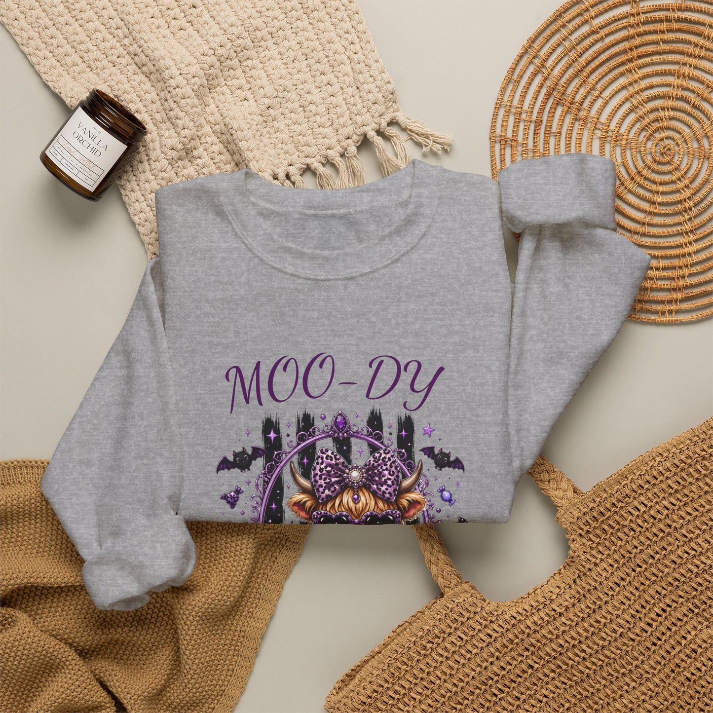 Halloween 'Moo-dy' Cow Crewneck Sweatshirt — Cute Spooky Cow Fall Pullover