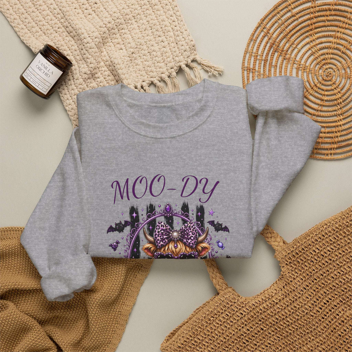 Halloween 'Moo-dy' Cow Crewneck Sweatshirt — Cute Spooky Cow Fall Pullover