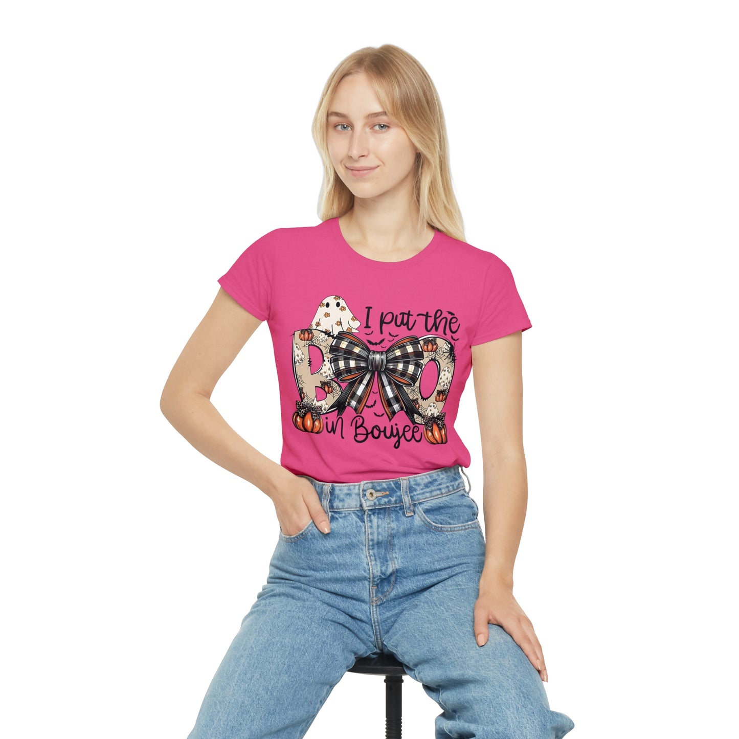 Women's Halloween "I Put the Boo in Boujee" T-Shirt — Plaid Bow Pumpkin Graphic