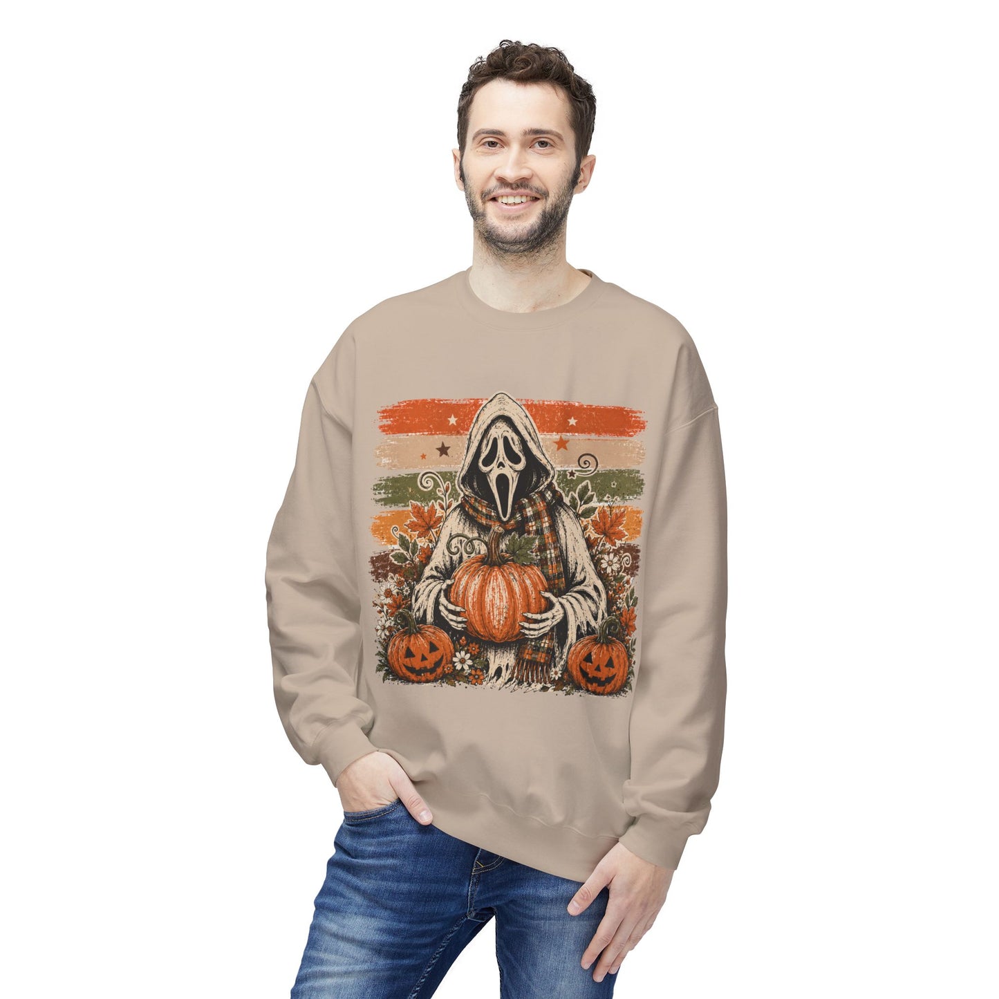 Halloween Scream Mask Crewneck Sweatshirt — Pumpkin & Jack-O'-Lantern Fall Graphic