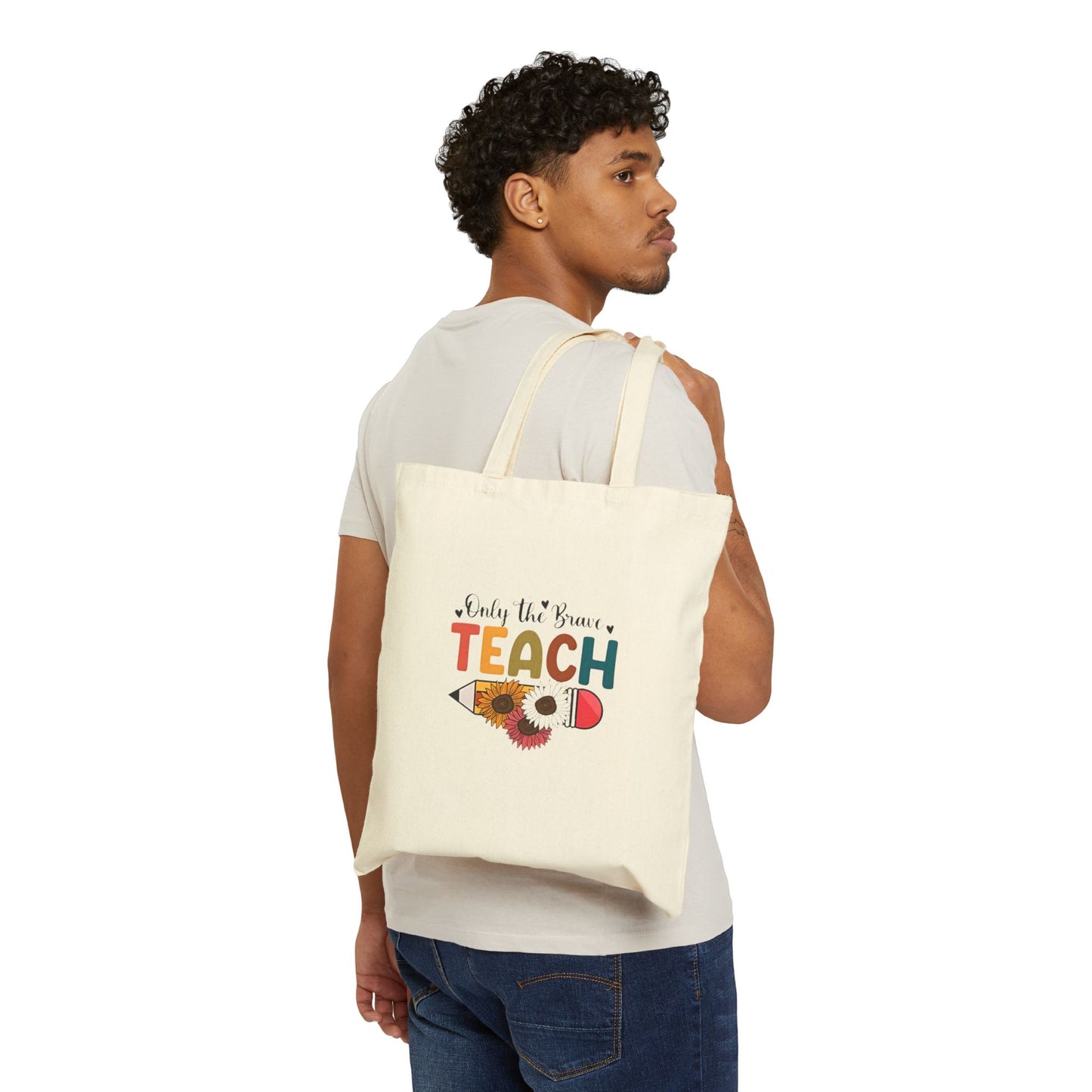 Only the Brave Teach Floral Pencil Canvas Tote — Teacher Gift Cotton Tote