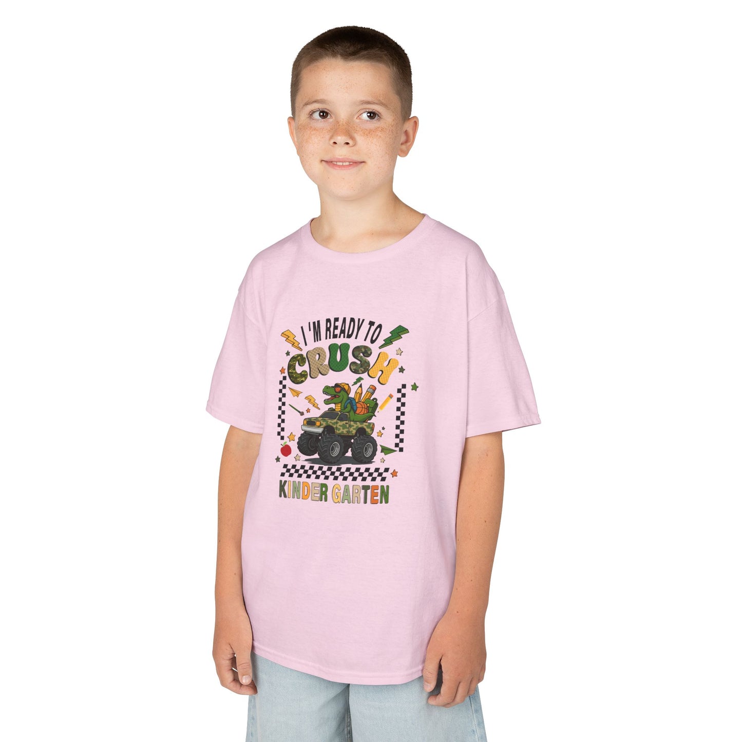 Kids T-Shirt — "I'm Ready to Crush Kindergarten" Dinosaur Monster Truck Back-to-School Tee