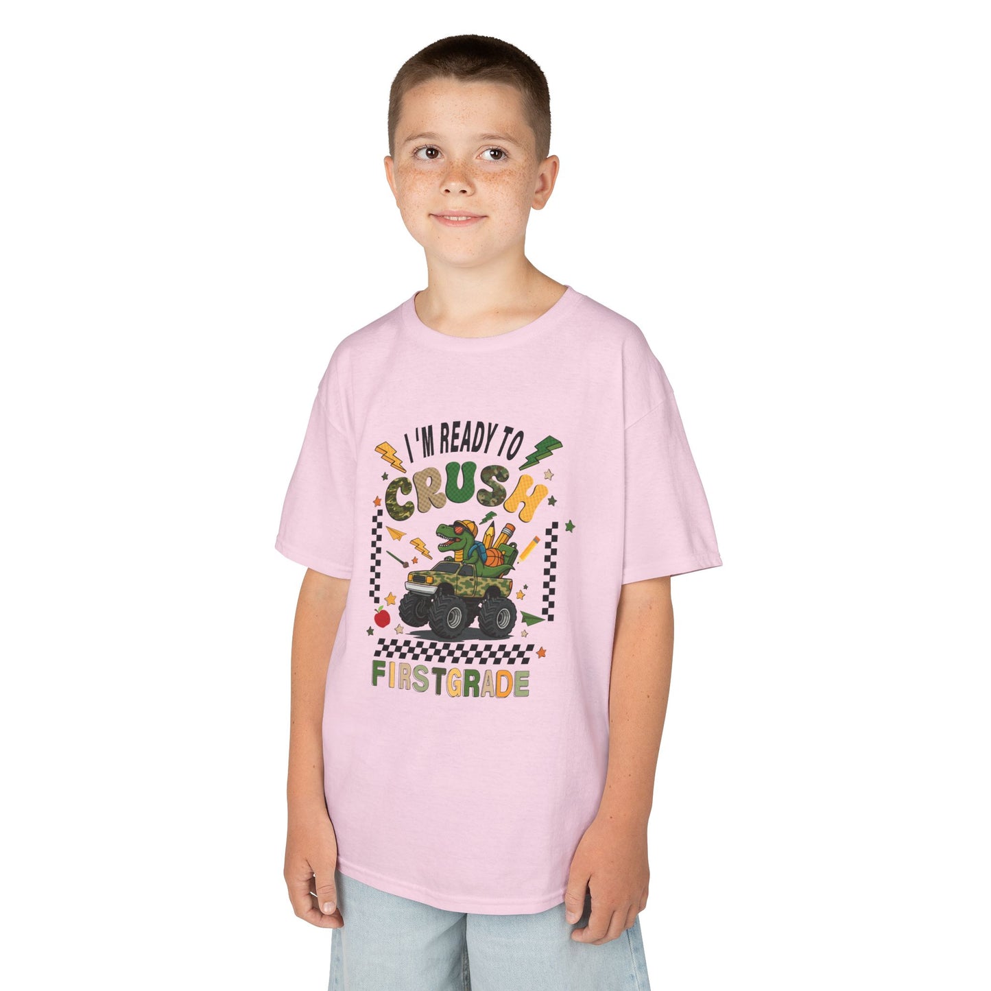 Kids Tee — “I’m Ready to Crush First Grade” Back-to-School Monster Truck Shirt