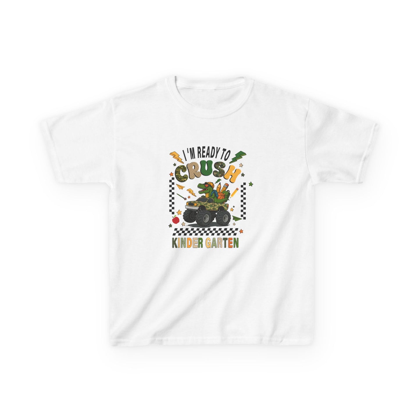 Kids T-Shirt — "I'm Ready to Crush Kindergarten" Dinosaur Monster Truck Back-to-School Tee