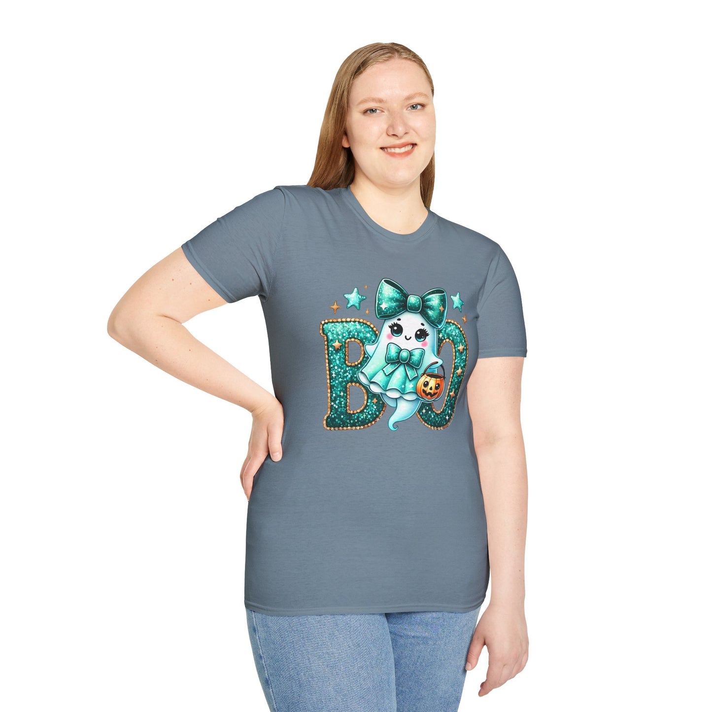 BOO Ghost T‑Shirt — Cute Teal Bow Halloween Tee