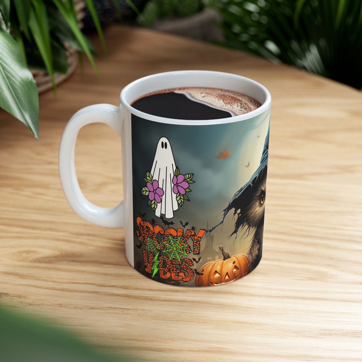 Halloween Cat Ceramic Mug — Witch Hat Kitty with Pumpkins (11oz/15oz)