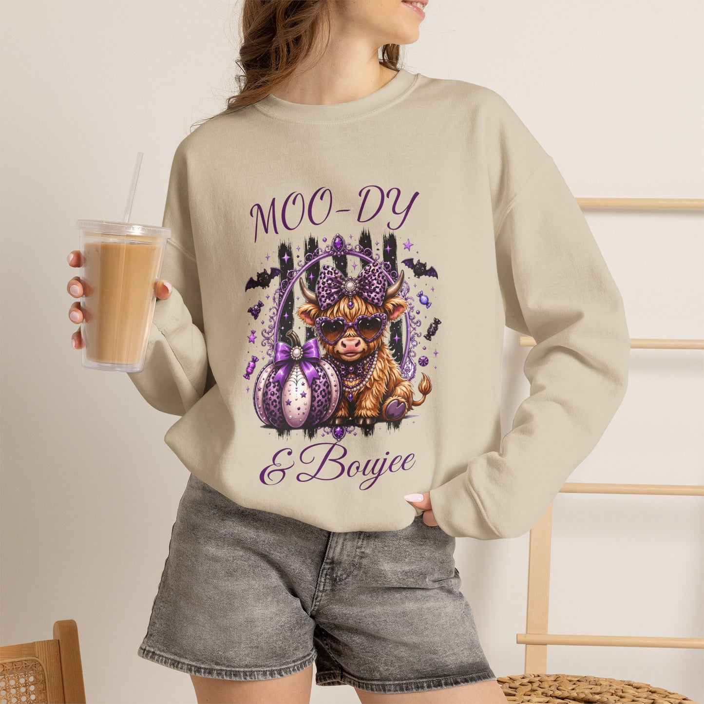 Halloween 'Moo-dy' Cow Crewneck Sweatshirt — Cute Spooky Cow Fall Pullover