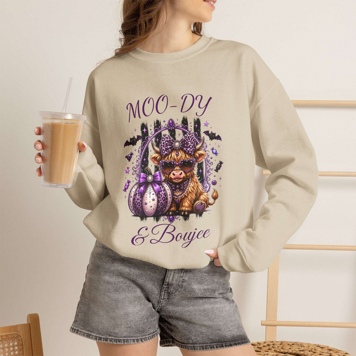 Halloween 'Moo-dy' Cow Crewneck Sweatshirt — Cute Spooky Cow Fall Pullover