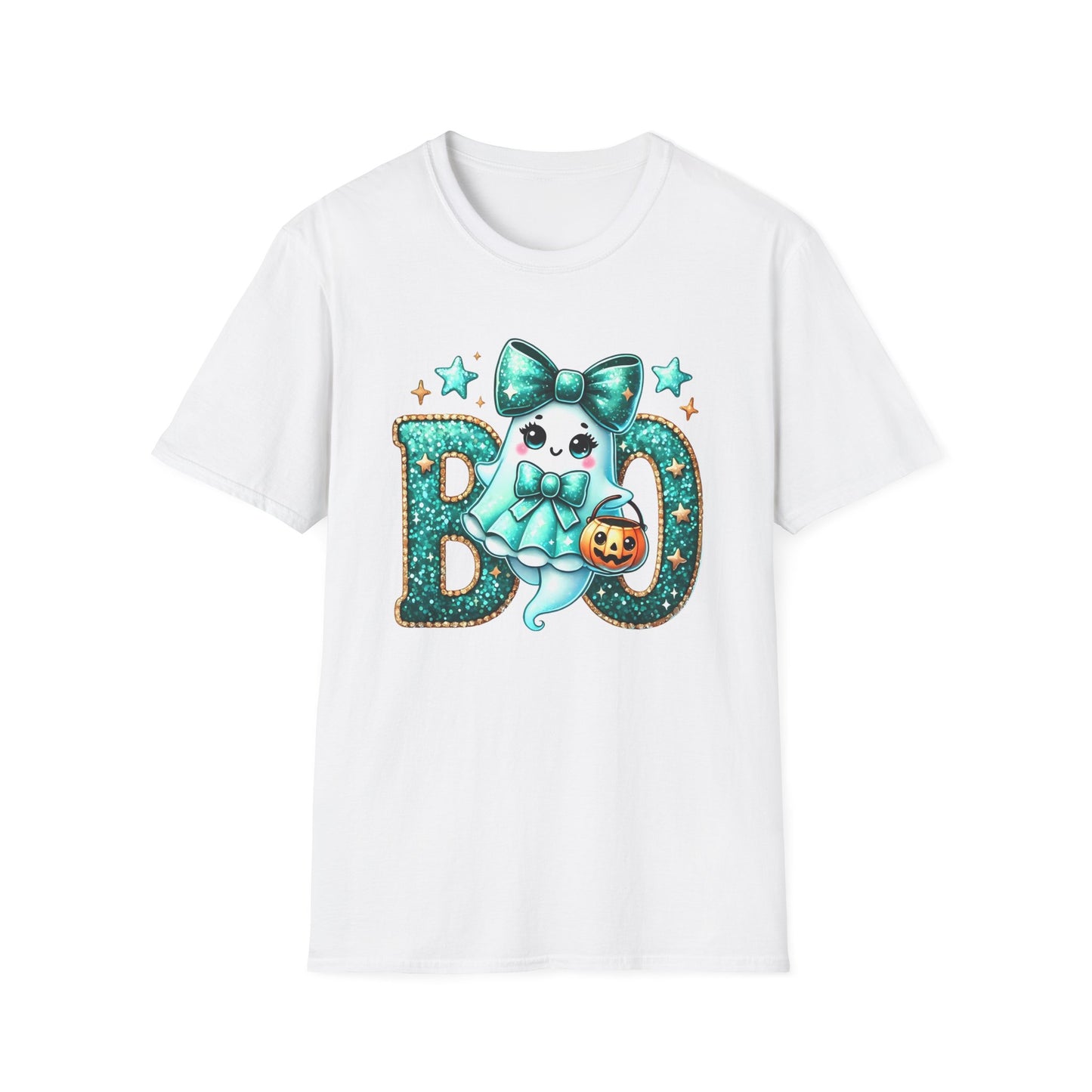 BOO Ghost T‑Shirt — Cute Teal Bow Halloween Tee
