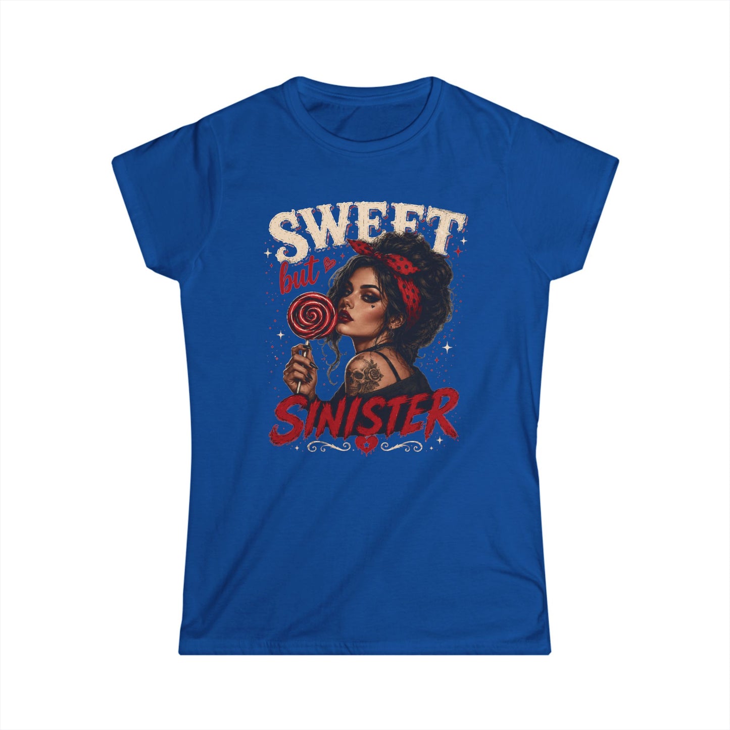 Sweet but Sinister Tee — Women's Graphic T-Shirt (Retro Pin-Up Girl with Lollipop)