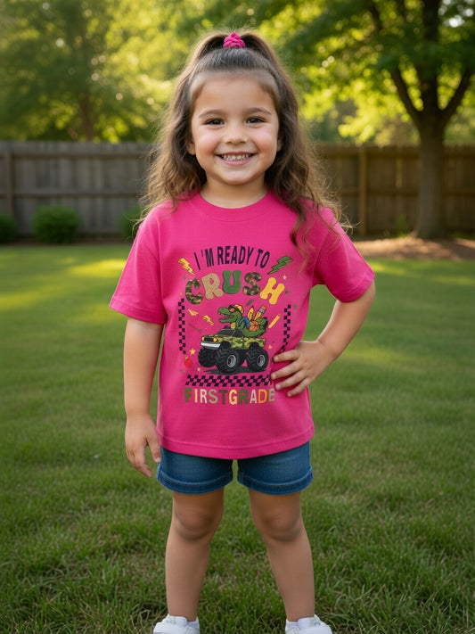 Kids Tee — “I’m Ready to Crush First Grade” Back-to-School Monster Truck Shirt