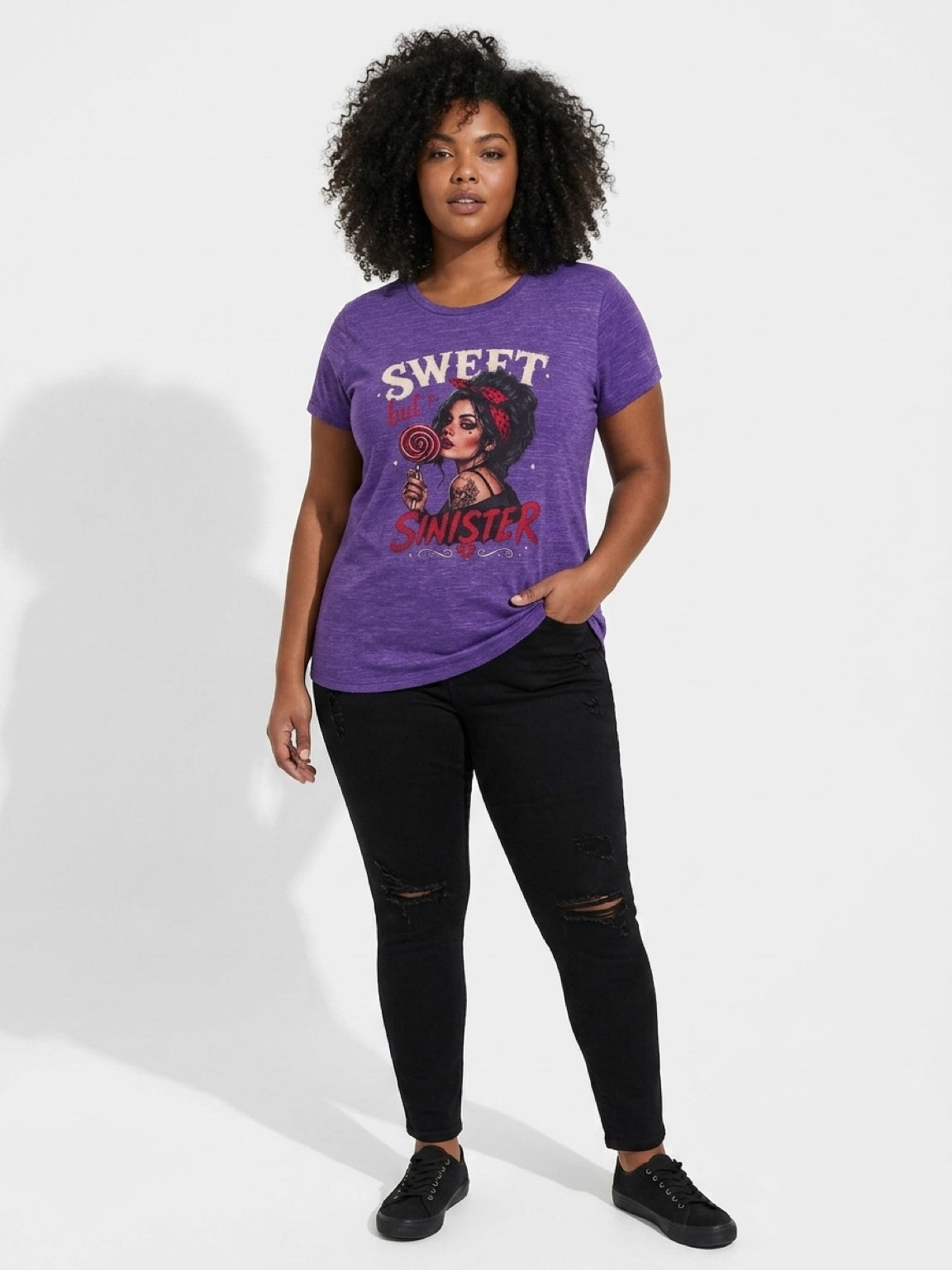 Sweet but Sinister Tee — Women's Graphic T-Shirt (Retro Pin-Up Girl with Lollipop)