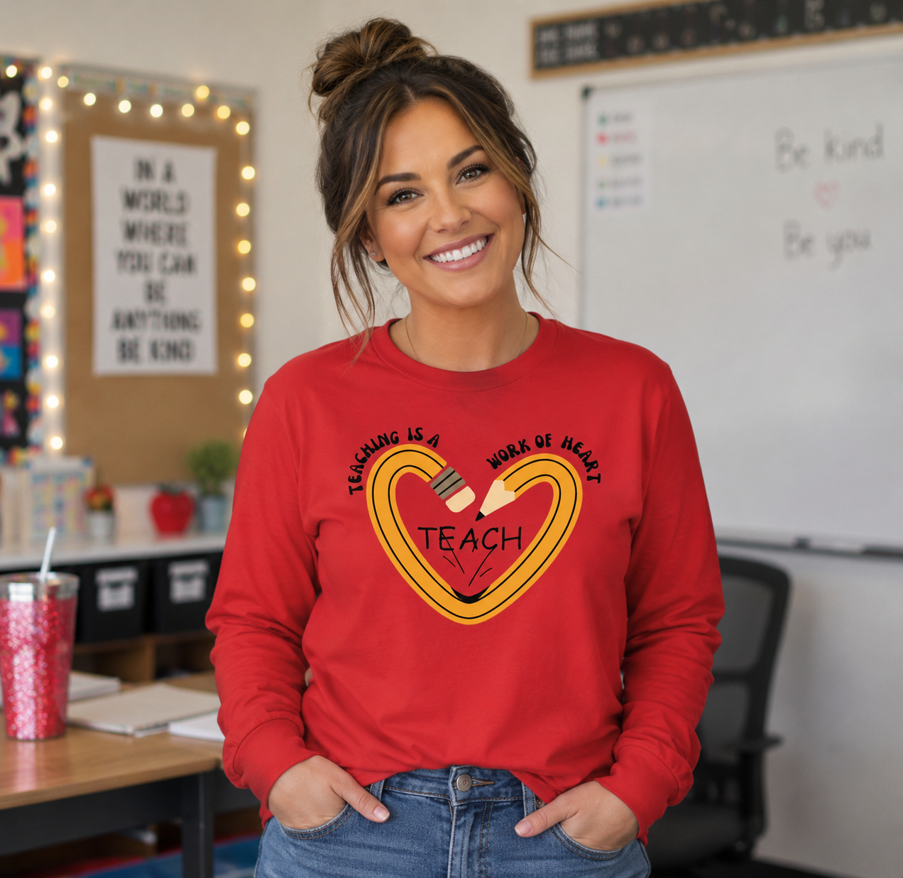 Teach Heart Long Sleeve Tee — "Teaching is a Work of Heart" Teacher Appreciation Shirt
