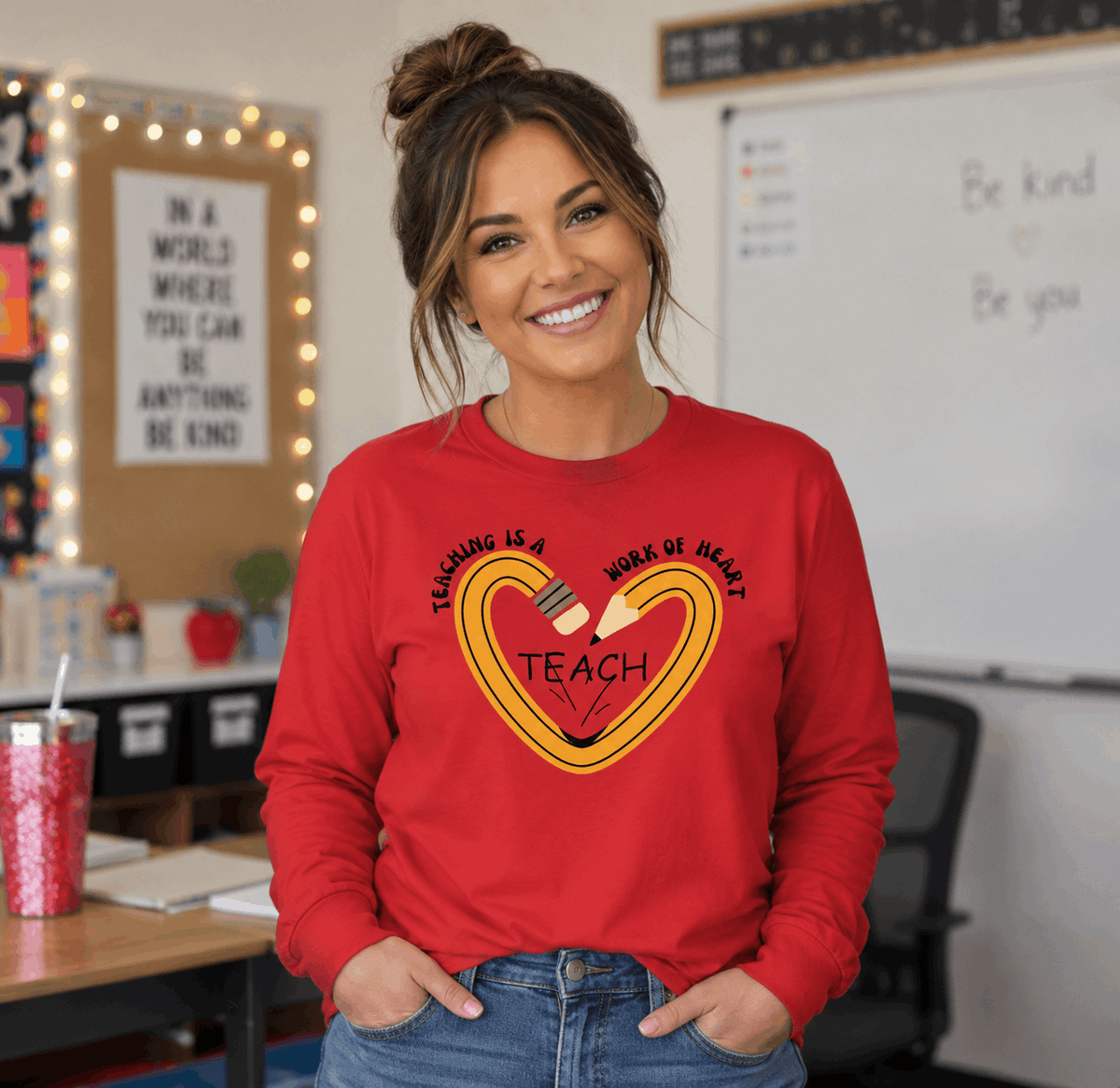 Teach Heart Long Sleeve Tee — "Teaching is a Work of Heart" Teacher Appreciation Shirt