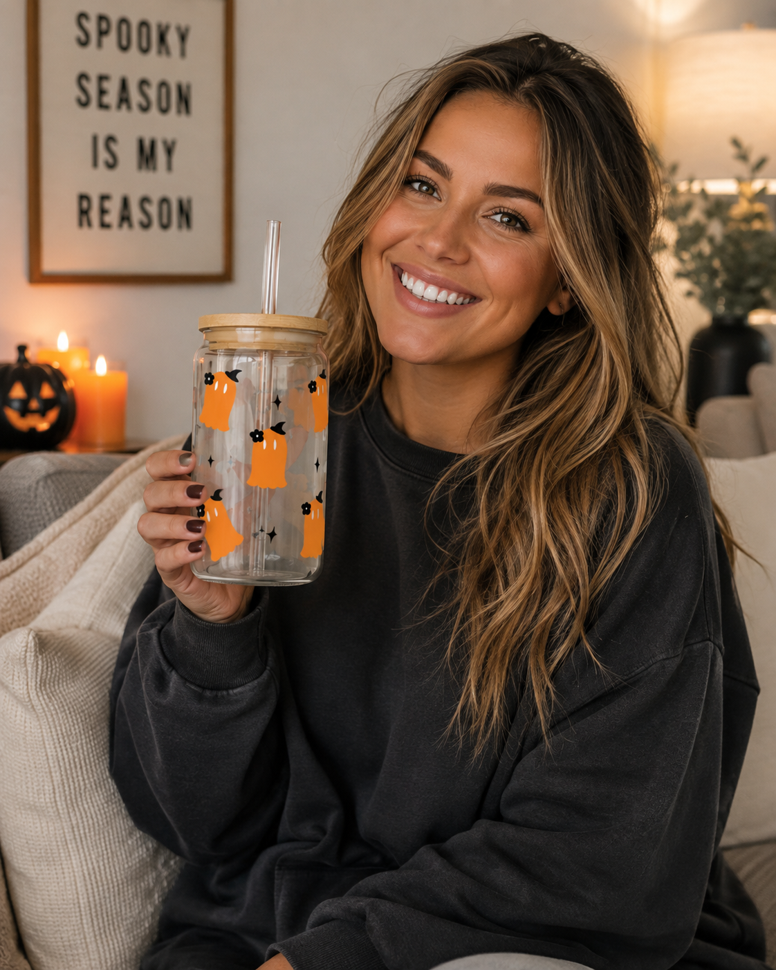 Ghosts 16oz Sipper Glass — Cute Boo Halloween Drinking Jar with Straw