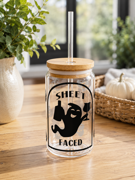 Halloween 'Sheet Faced' Sipper Glass - 16oz Funny Ghost Pumpkin Straw Cup