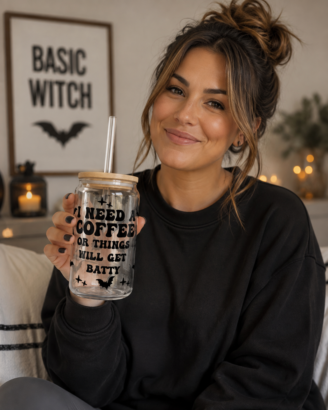 “I Need Coffee or I’ll Go Batty” 16oz Sipper Glass