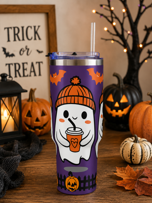 40oz Halloween Ghost Tumbler – Cute Ghosts with Pumpkin & Bat Thermal Cup
