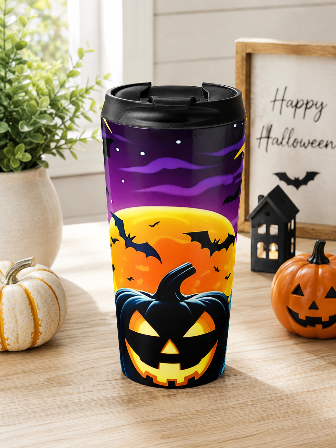 Halloween Pumpkin Travel Mug — Spooky Sunset Stainless Steel Tumbler