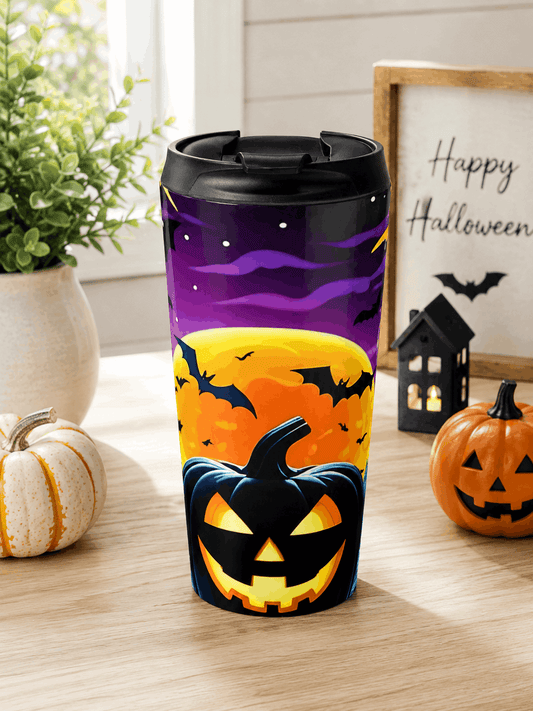 Halloween Pumpkin Travel Mug — Spooky Sunset Stainless Steel Tumbler