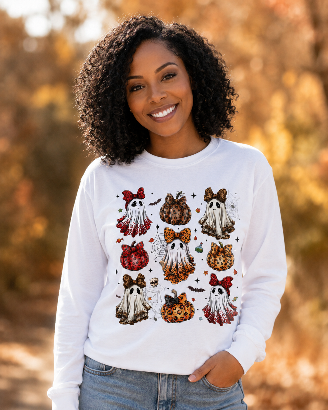 Boujee Ghost Pumpkin Long Sleeve Shirt — Cute Ghosts with Bows & Leopard Pumpkins
