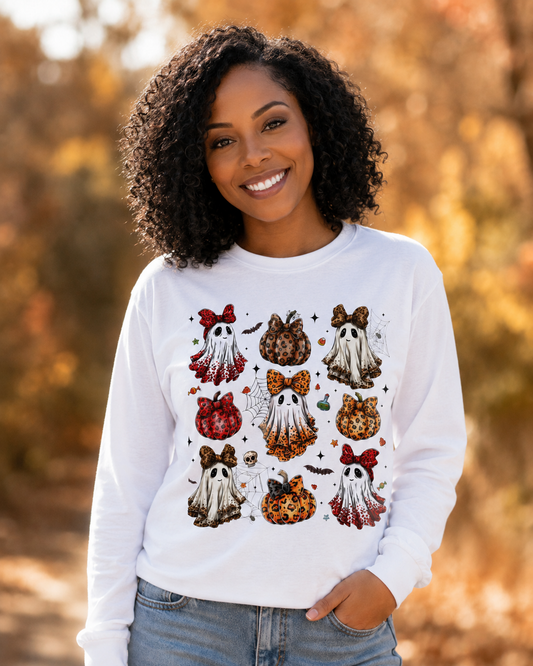 Boujee Ghost Pumpkin Long Sleeve Shirt — Cute Ghosts with Bows & Leopard Pumpkins