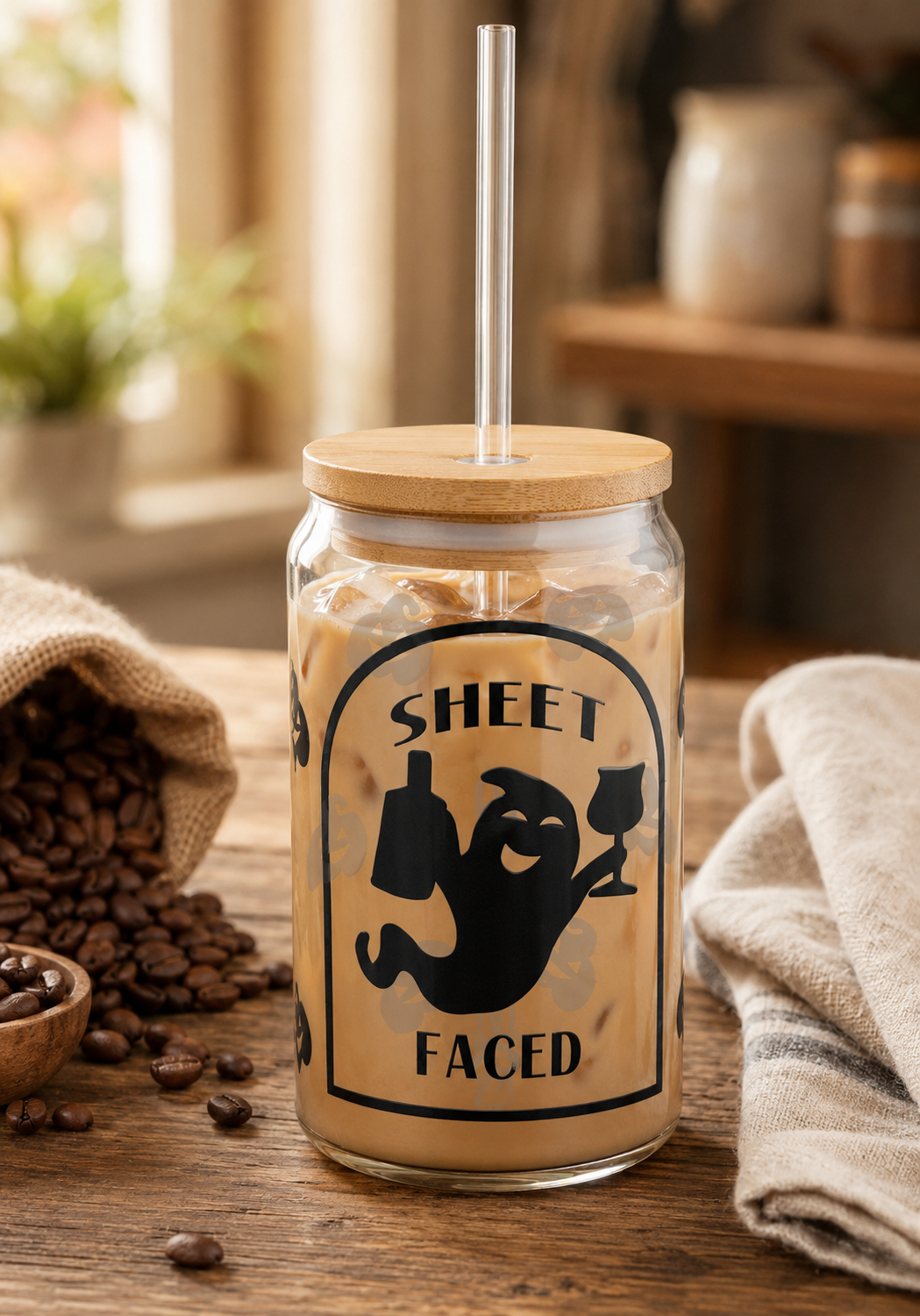Halloween 'Sheet Faced' Glass Tumbler -16oz Funny Ghost Pumpkin Straw Cup