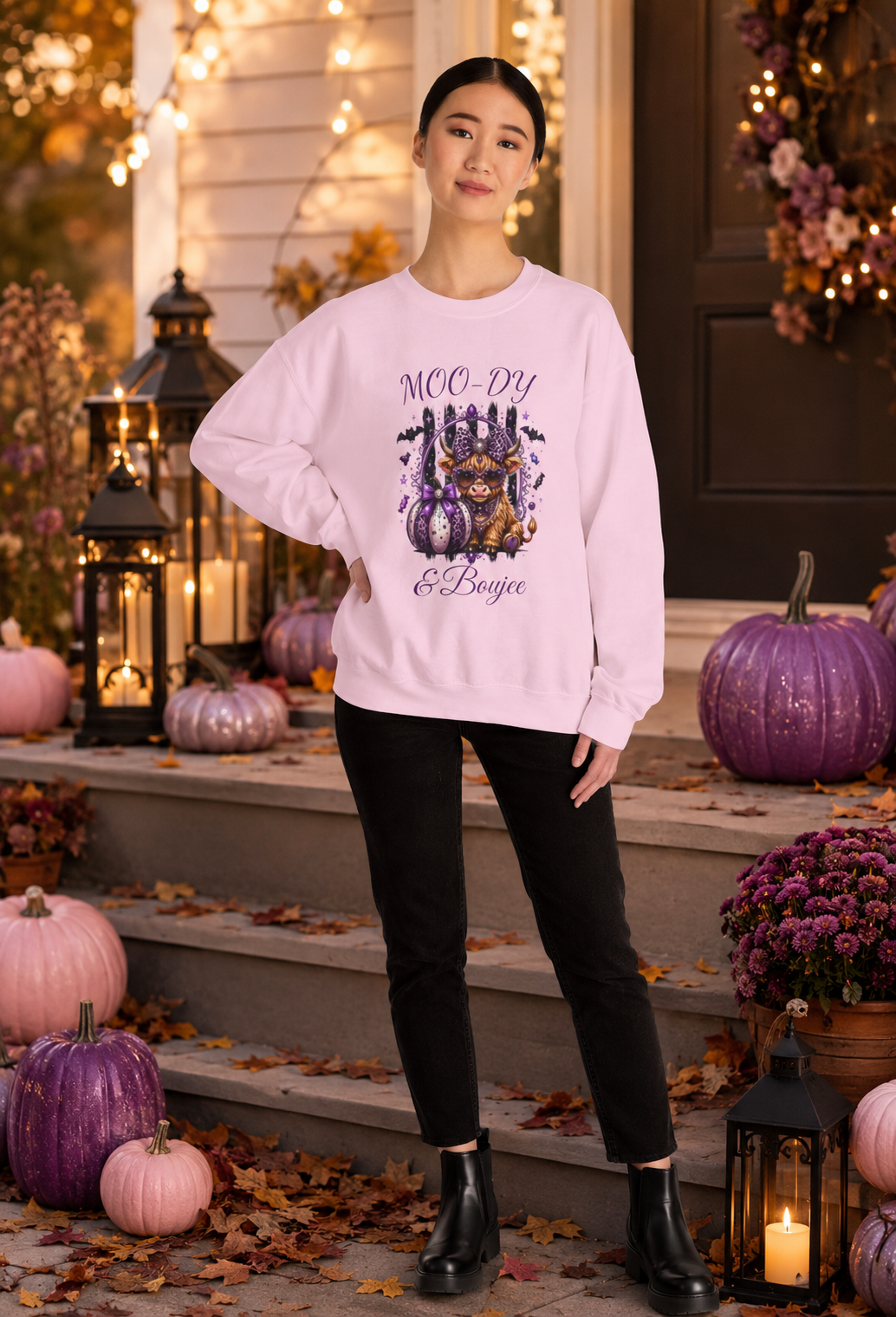 Halloween 'Moo-dy' Cow Crewneck Sweatshirt — Cute Spooky Cow Fall Pullover