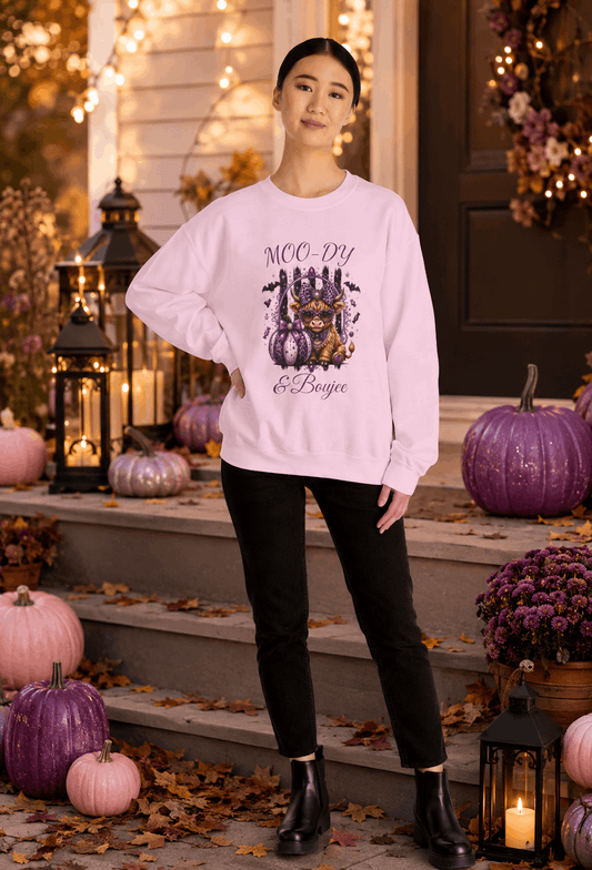 Halloween 'Moo-dy' Cow Crewneck Sweatshirt — Cute Spooky Cow Fall Pullover