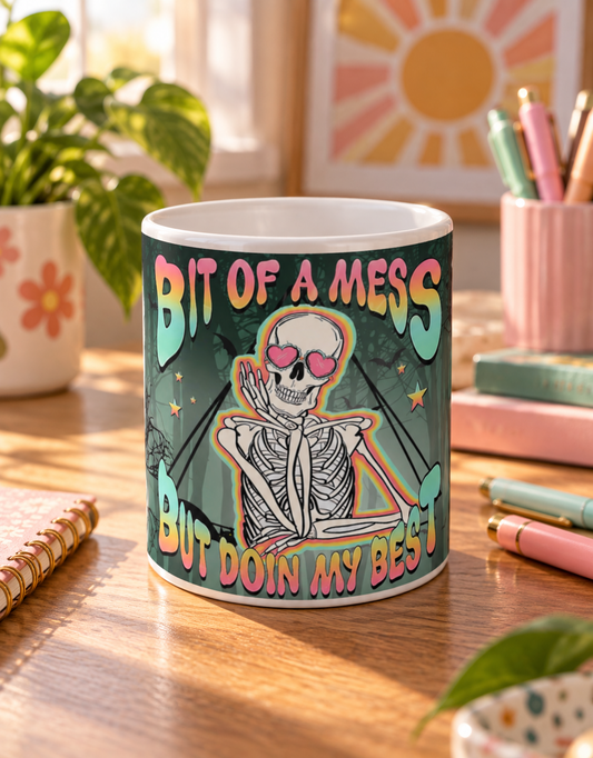 Bit of a Mess But Doin' My Best Ceramic Mug — Cute Skeleton & Ghost Halloween Coffee Cup