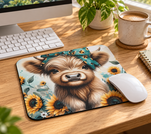 Cute Highland Cow Mouse Pad — Sunflower Desk Mat for Animal Lovers