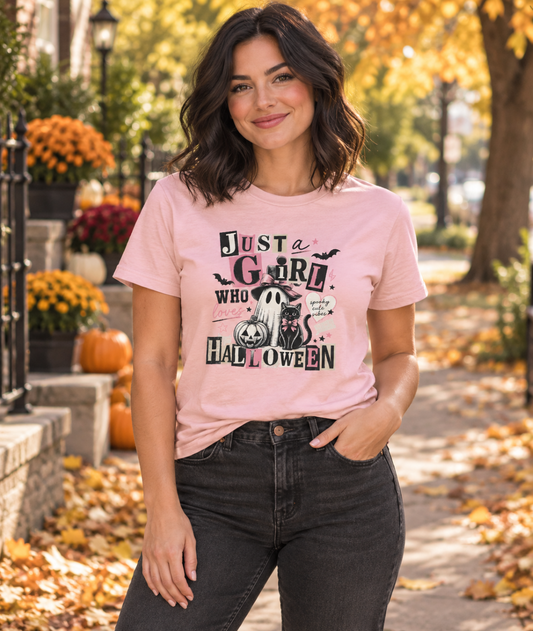 Just a Girl Who Loves Halloween Shirt, Ghost and Black Cat Graphic Tee